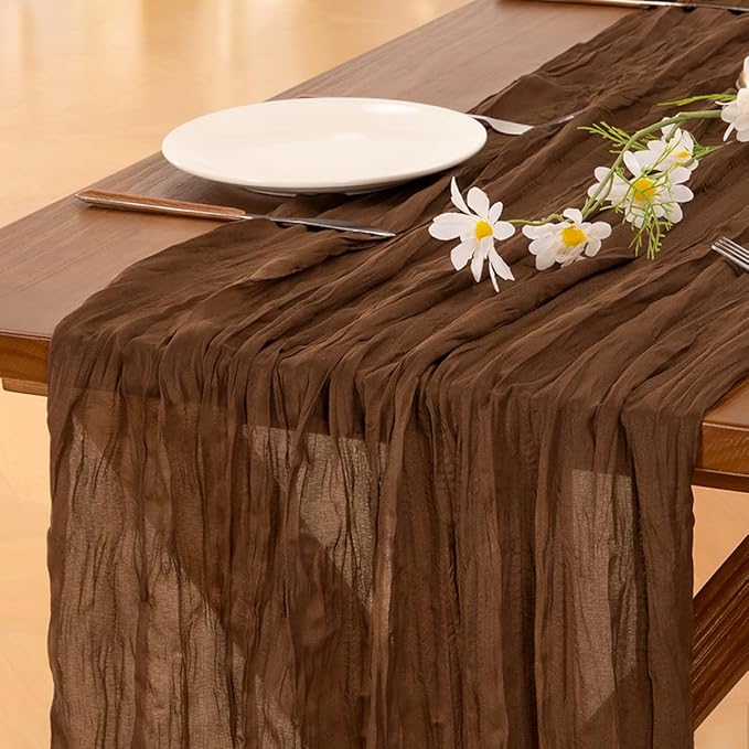 Socomi 10pcs Brown Coffee Cheesecloth Table Runner Boho Rustic Gauze 120 inch 10FT Cheese Cloth Sheer Runner for Wedding Party Baby Shower Birthday Home Decor Holiday Decorations
