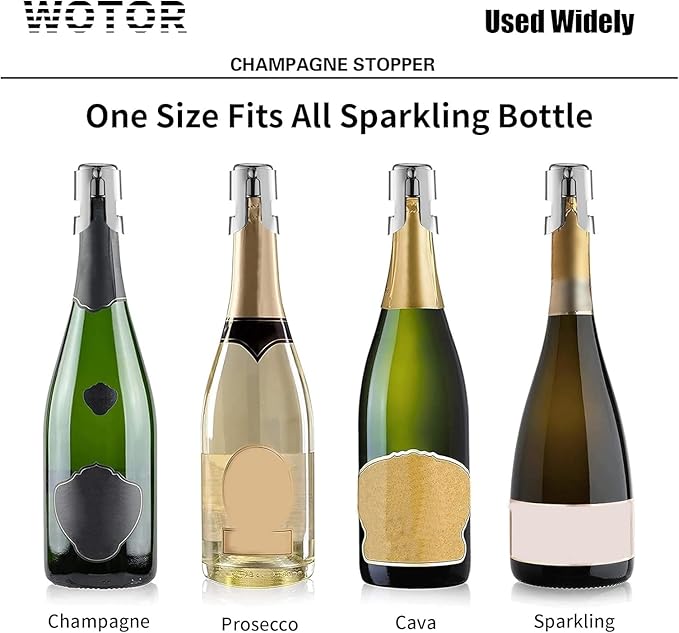 WOTOR Champagne Stoppers Stainless Steel, Prosecco Bottle Stopper with Food Grade Silicone, Reusable Champagne Cork & Saver, Leak proof Keep Fresh (Silver, 2 Pack)