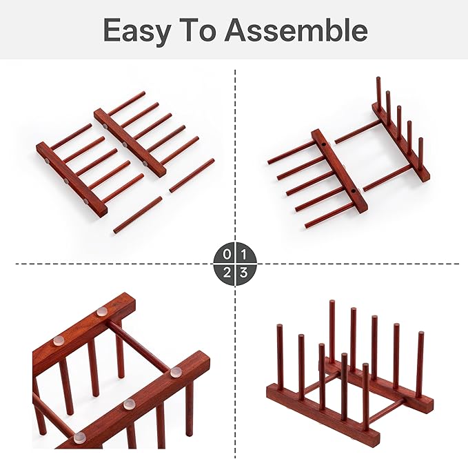 HBlife Padauk Wooden Dish Drying Rack - Home and Kitchen Organizer for Cups, Bowls, Pots, Lids, Cutting Boards & Plates Space-Saving for Cabinets Counters (4 Slots)