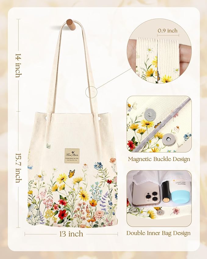 Miss Adola Corduroy Tote Bag for Women - Reusable Totes with Magnetic Buckle & Pocket Aesthetic Design Work Grocery Bags