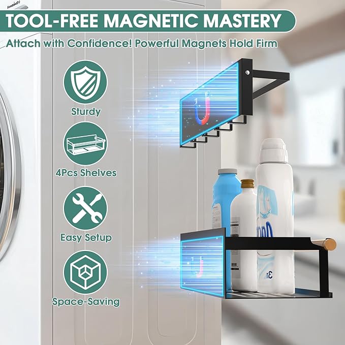 POLRAI 4 Pack Magnetic Shelves for Washing Machine Magnetic Shelf for Fridge Powerful Magnetic Shelves and Magnetic Hook for Laundry Room Kitchen Bathroom Organization