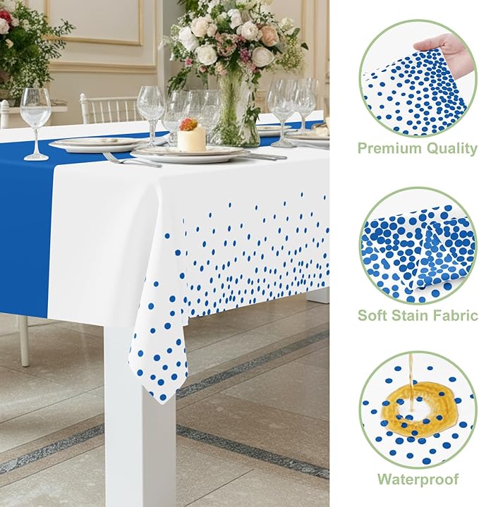Smiry Plastic Table Cloth Disposable 3 Pack, 54 x 108 Inch Rectangle Waterproof Tablecloth, Printed Gold Table Runner Style for Birthday Weeding, Party Decorations, Leakproof & Sturdy, White and Blue
