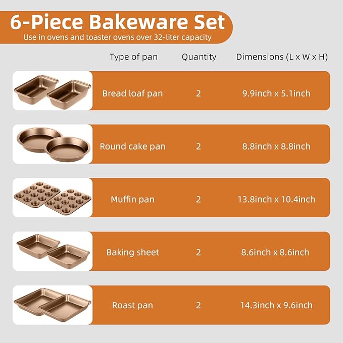 11-Piece Nonstick Baking Pans Set - Professional Grade Carbon Steel Bakeware with Premium Coating- Dishwasher Safe, Stackable, Oven Safe to 450°F (Champagne)