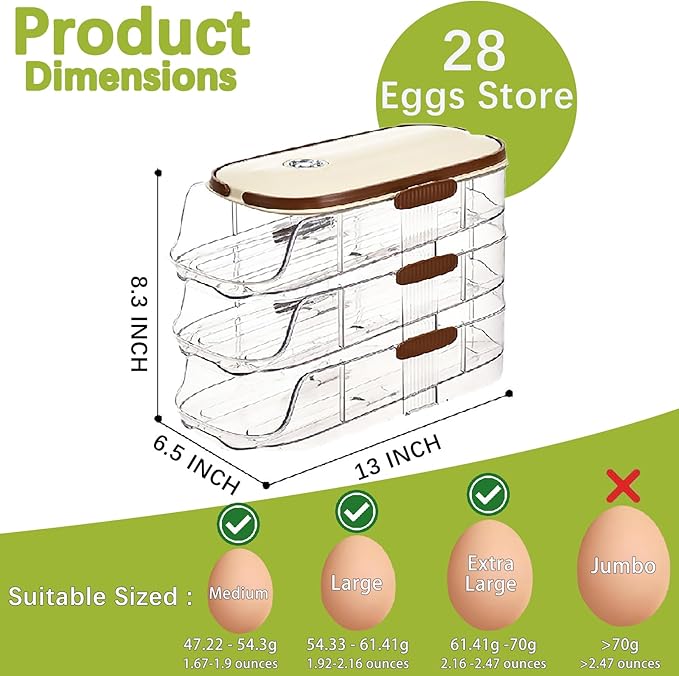 Egg Organizer for Refrigerator，egg Holder for Fridge with Lid and Handle，automatic Rolling Egg Dispenser for Refrigerator,Clear Stackable 3 Tier 42 Eggs Storage，space Saving ＆Timed Freshness