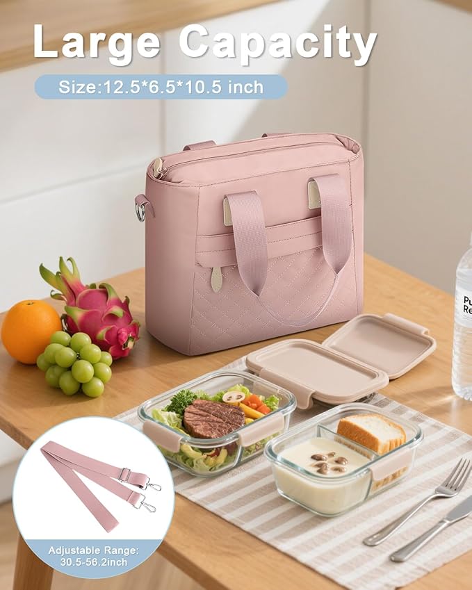 Insulated Lunch Box for Women & Men - Large Thermal Lunch Bag Women with Removable Shoulder Strap, Reusable Lunch Cooler Tote Bags Purse for Adults Work, Picnic, Hiking, Beach, Travel, Large，Pink