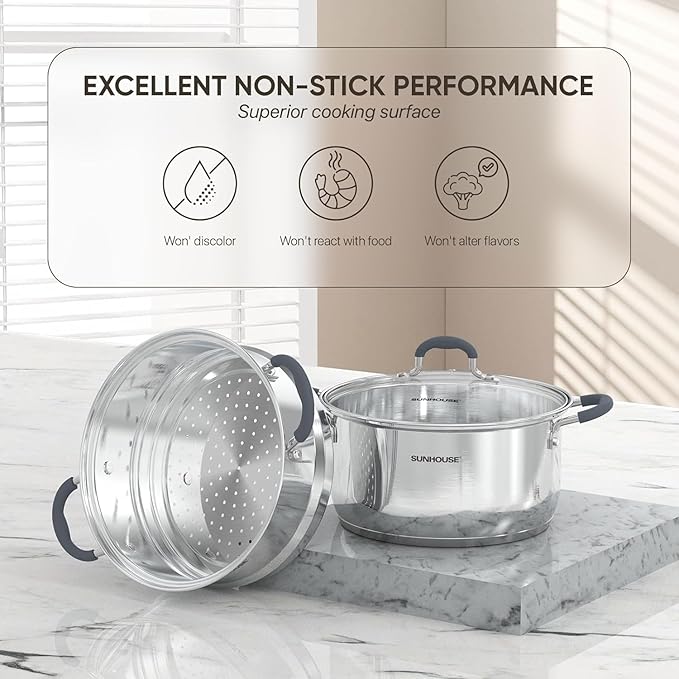 SUNHOUSE Stainless Steel Steamer Pot for Cooking - 3.1 QT Steaming Pot with Glass Lid & Steamer Basket - 2 Tier Tri-ply Vegetable Steamer with Stay-Cool Silicone Handles - Induction Compatible