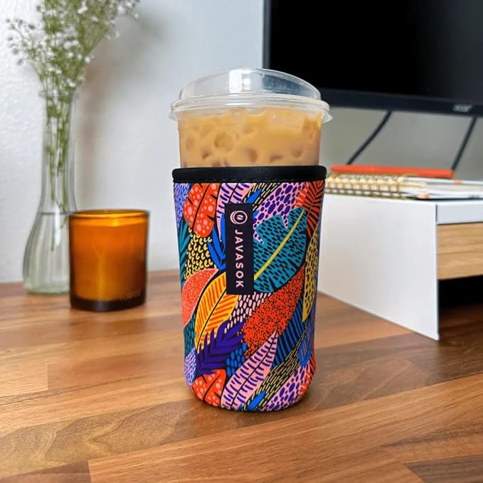 Sok It JavaSok Iced Coffee & Cold Soda Insulated Neoprene Cup Sleeve (Feathered Foliage, Medium: 22-28oz)