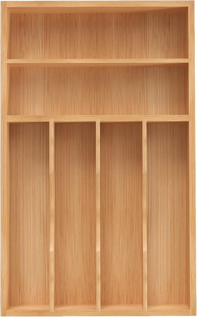 Silverware Organizer, Bamboo Kitchen Drawer Organizer, Utensil Holder, Cutlery Tray & Spoon Flatware Storage with Grooved Drawer Dividers (10''W x 16''D)