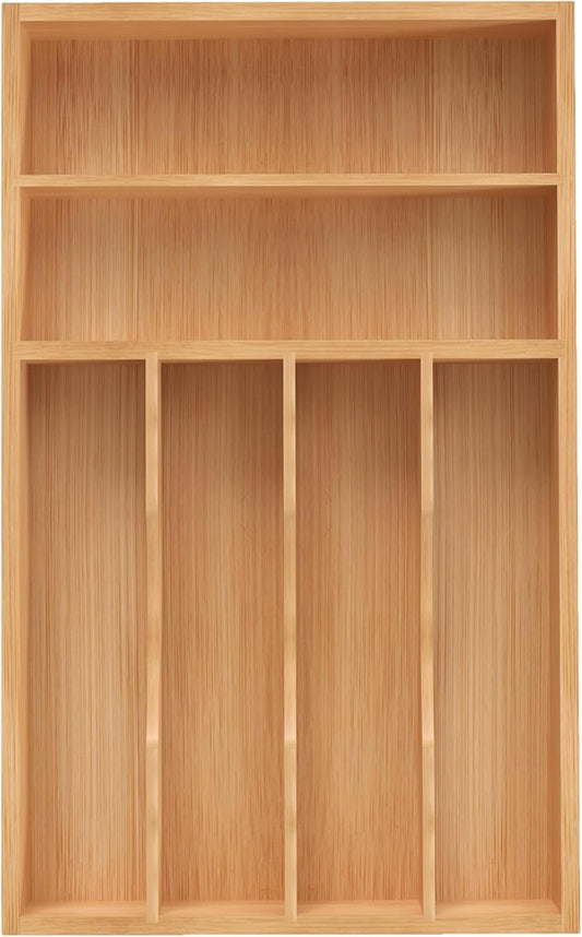 Silverware Organizer, Bamboo Kitchen Drawer Organizer, Utensil Holder, Cutlery Tray & Spoon Flatware Storage with Grooved Drawer Dividers (10''W x 16''D)