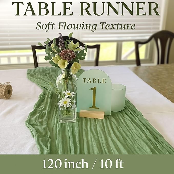 3 Pack Sage Green 10FT Cheesecloth Table Runners –120 Inch Rustic Gauze Bulk Set for Wedding Reception, Woodland Baby Shower, Garden Party, or Boho Spring Event Decor