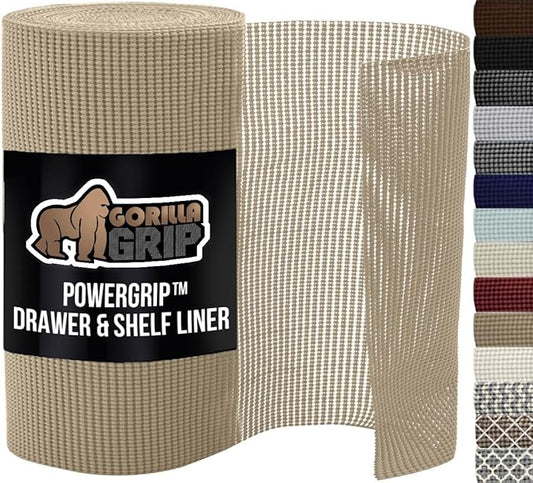 GORILLA GRIP powerGRIP Drawer Shelf and Cabinet Liner, Thick Strong Hold, Non-Adhesive Liners Protect Kitchen Cabinets and Cupboard, Bathroom Drawers, Easy Install, Breathable Mat, 24" x20', Beige