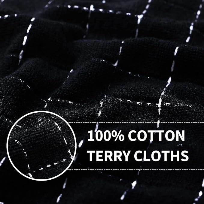 Homaxy 100% Cotton Terry Kitchen Towels(Black, 13 x 28 inches), Checkered Designed, Soft and Super Absorbent Dish Towels, 24 Pack