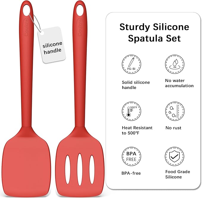 Coukre 2 Pack Silicone Spatula Set, High Heat Resistant, BPA Free Kitchen Spatula, Solid & Slotted Turner for Non-Stick Pans, Sautéing, and Flipping (2, SolidRed)