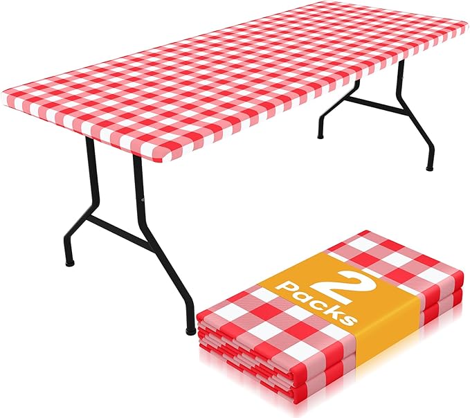 Smiry Picnic Table Cloth 2 Pack, Waterproof Elastic Fitted Tablecloths for 8FT Rectangle Tables, Washable Polyester Buffalo Plaid Tablecloth for Camping, Dining & Christmas(Red & White, 30" x 96")