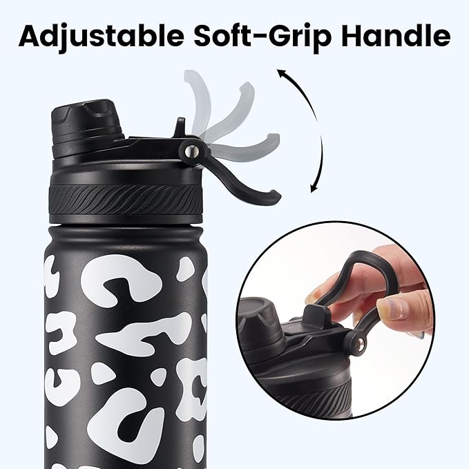 Fijinhom 24 oz Insulated Water Bottle, 2-in-1 Straw and Spout Lid Stainless Steel Thermos, Leak-Proof, Double Wall Vacuum Flask, Keep Cold 24H for Outdoor, Sports, Travel, School (Cow)