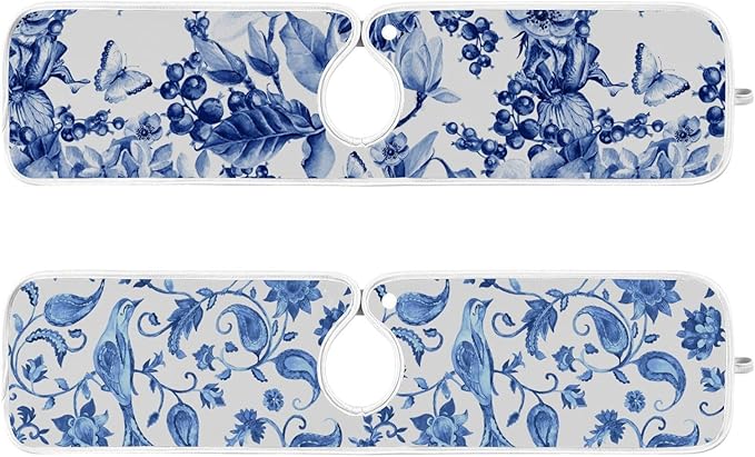 Sink Mat for Faucet Sink Splash Guard Faucet Handle Drip Catcher for Kitchen Bathroom Absorbent Microfiber Dish Drying Mat Blue and White 2pcs