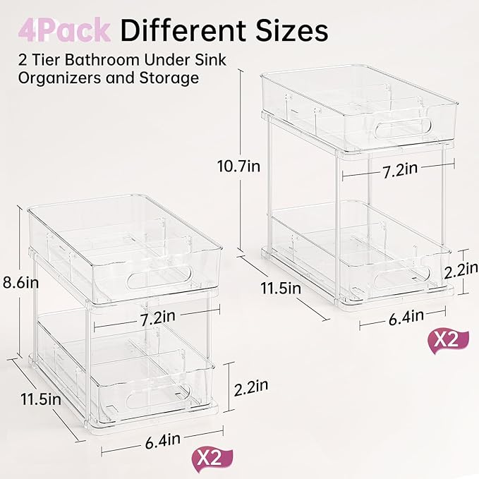 Delamu Under the Sink Organizer, 2-Tier Snap-Lock Cabinet Drawers with Removable Adjustable Shelf, Under Sink Cabinet Organizer for Bathroom, Kitchen, Vanity & Every Household(Clear, 4 Pack)