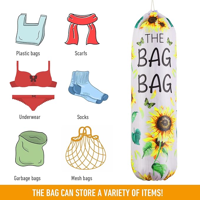 Plastic Bag Holder, Sunflower Kitchen Dispenser Holders Reusable Washable Trash Garbage Bag Holder with Drawstring Closure for Home Kitchen Pantry Groceries Store Decor