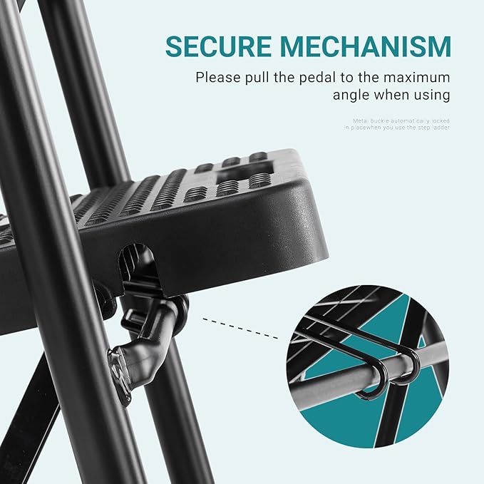 SMUG Step Ladder, 3 Step Stool Foldable with Anti-Slip Pedal & Comfortable Handrail, 800lbs Capacity Sturdy Steel Ladder, Protable Heavy Duty Step Stool for Kitchen, Garage & Outdoor Use, Black