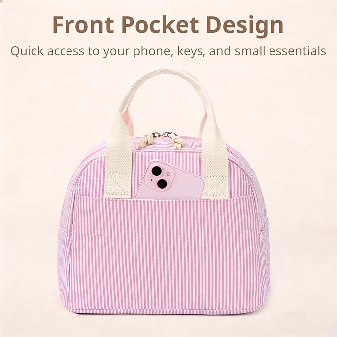 LOVELYWIND Insulated Lunch Bag for Women, Reusable Pink Striped Lunch Box Cooler Bag with Large Capacity, Durable Lunch Tote for Work
