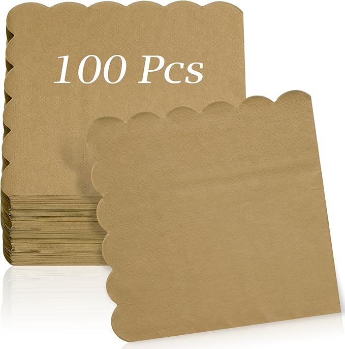 100 Pcs Cocktail Napkins, 2-Ply 5 x 5 Inches Disposable Scalloped Napkins, Thick Premium Dessert Napkins for Party, Wedding, Dinner, Birthday, Anniversary, Festival (Brown)