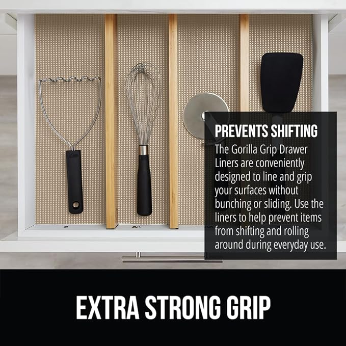 GORILLA GRIP powerGRIP Drawer Shelf and Cabinet Liner, Thick Strong Hold, Non-Adhesive Liners Protect Kitchen Cabinets and Cupboard, Bathroom Drawers, Easy Install, Breathable Mat, 17.5" x10', Beige