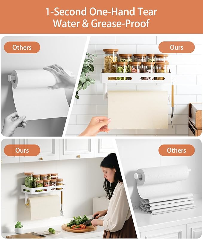 Paper Towel Holder Wall Mount with Shelf, Easy One Hand Tear, Adhesive Glue or Drill Mount Hanging Paper Towel Holder with Shelf for Kitchen/Bathroom/RV, White Metal, 4 Hooks