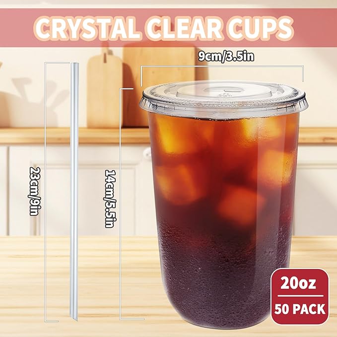Alaeseje 50 Pack Clear Plastic Cups with Lids and Straws,20 oz Disposable Iced Coffee Cups,PET Crystal Cups,Round Bottom To Go Cup for Iced Coffee Juice Smoothie Cold Beverage
