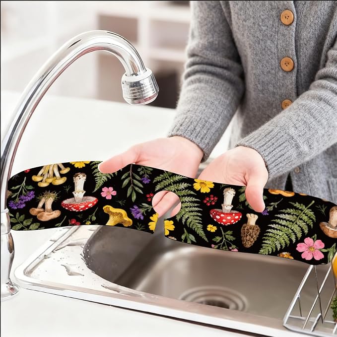 2 Pcs Kitchen Sink Splash Guard Faucet Mats Colorful Mushrooms and Flowers Pattern Faucet Mat for Sinks Leaves Absorbing Drying Mat for Kitchen Bathroom, 23.6x5.5inch