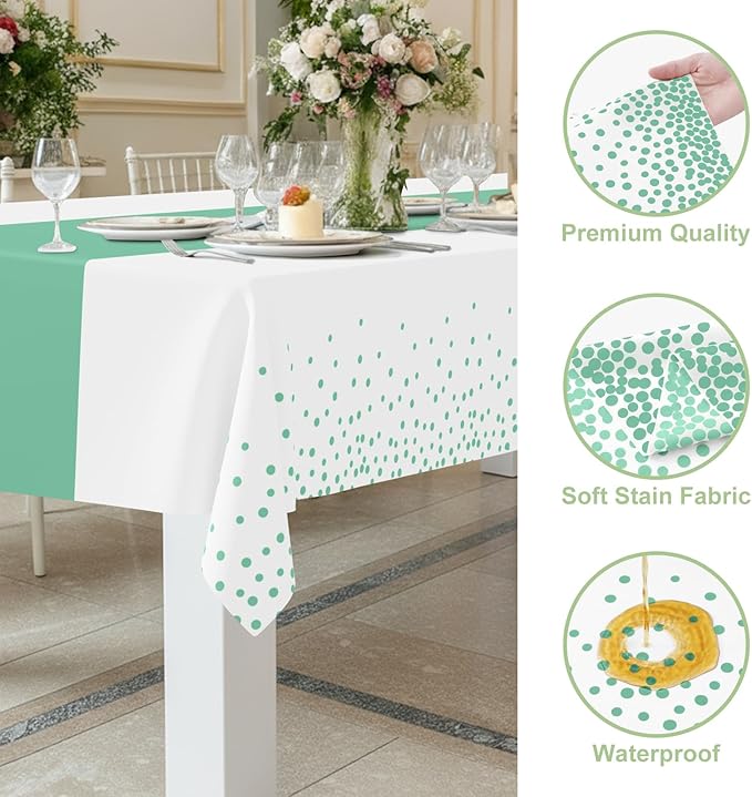 Smiry Plastic Table Cloth Disposable 5 Pack, 54 x 108 Inch Rectangle Waterproof Tablecloth, Printed Gold Table Runner Style for Birthday Weeding, Party Decorations, Leakproof & Sturdy, White and Teal