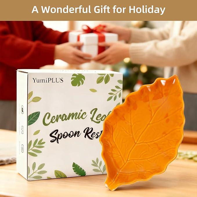 Ceramic Leaf Shape Spoon Rest for cooking, Cute Cooking Spoon Holder for Stove Top,Large Porcelain Spatula Rest for Kitchen Counter, Farmhouse Christmas Kitchen Decor (orange)