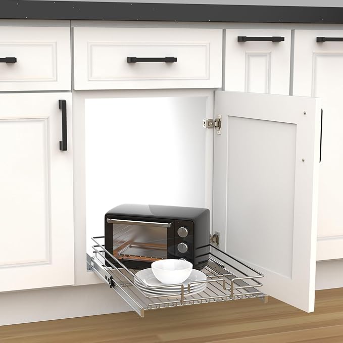 Pull Out Cabinet Organizer, Heavy-Duty Metal Sliding Drawer Shelf for Kitchen Cabinets, Chrome, Doesn't Include Door Fittings (26 * 21 IN)