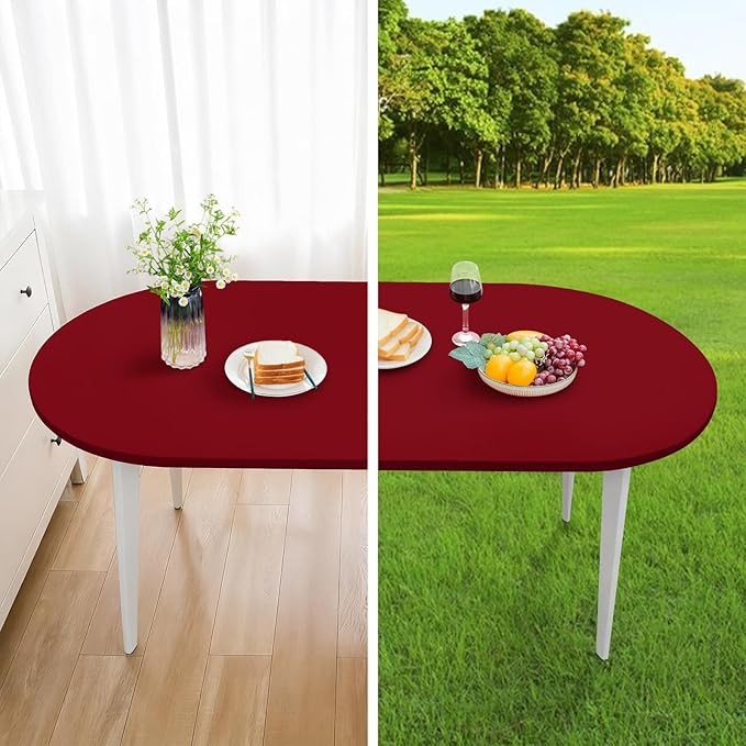 NEWISHER Fitted Oval Tablecloth 42 x 60 Inch Elastic Table Cloth, Stretch Spandex Table Cover Burgundy Washable Polyester Top Cap Cover for Dining Picnic Camping Indoor and Outdoor