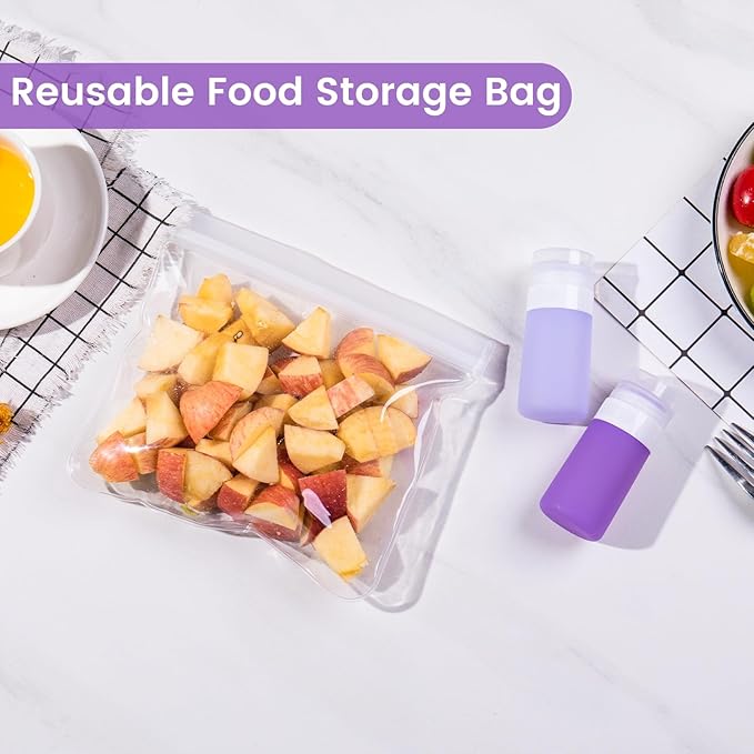 MICEBAY Condiment Squeeze Bottles for Sauces, 2-oz Mini Silicone Salad Dressing Container to Go with Snack Storage Bag, Leakproof Sauce Bottles for Lunch Box, 4 Pack, Purple