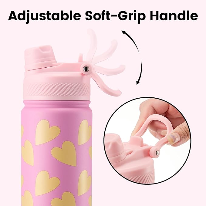 Fijinhom 18 oz Insulated Water Bottle, 2-in-1 Straw and Spout Lid Stainless Steel Thermos, Leak-Proof, Double Wall Vacuum Flask, Keep Cold 24H for Outdoor, Sports, Travel, School (Heart)