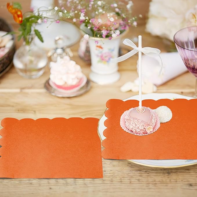 100 Pcs Cocktail Napkins, 2-Ply 5 x 5 Inches Disposable Scalloped Napkins, Thick Premium Dessert Napkins for Party, Wedding, Dinner, Birthday, Anniversary, Festival (Orange)