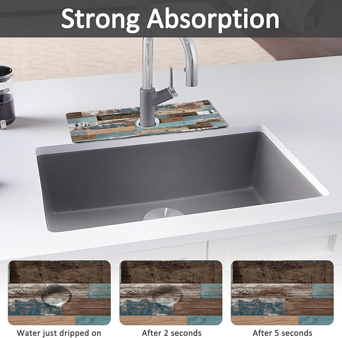 15" X 5.5" Kitchen Sink Splash Guard Faucet Mat Wood Grain Super Absorbent Fast Drying Faucet Guard & Draining Mat Sink Splash Guard Behind Faucet for Kitchen, Bathroom