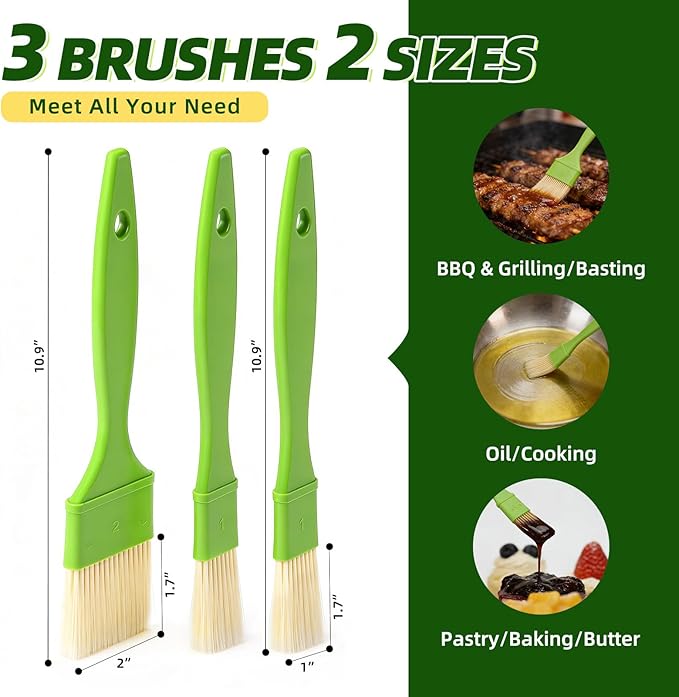 3 Pcs Pastry Brush Set, 1/1/2 inch Bristle Basting Brushes for Cooking, Heat Resistant, Kitchen Brush for Oil, BBQ Grill, Butter Sauce, Baking, with Hang Hole Design Green