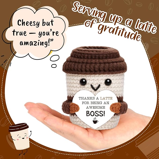 Mini Boss Gifts for Women Men Office Appreciation Gifts for Boss Lady Manager Leader Mentor Supervisor Handmade Crochet Coffee Cup for Retirement Promotion Farewell leaving Going Away Birthday Gift