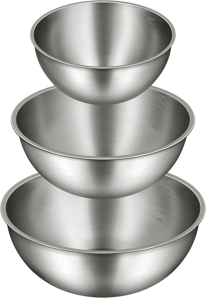 Gronivex Metal Mixing Bowls, 304 Stainless Steel, Set of 3 (1.5, 2.2 & 3.4 Qt) – Thicker-Gauge, Stackable Nesting & Space-Saving – Classic Everyday Bowls for Baking, Salad Prep & Cooking