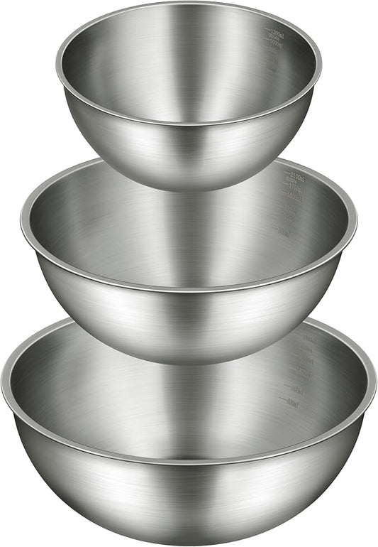 Gronivex Metal Mixing Bowls, 304 Stainless Steel, Set of 3 (1.5, 2.2 & 3.4 Qt) – Thicker-Gauge, Stackable Nesting & Space-Saving – Classic Everyday Bowls for Baking, Salad Prep & Cooking