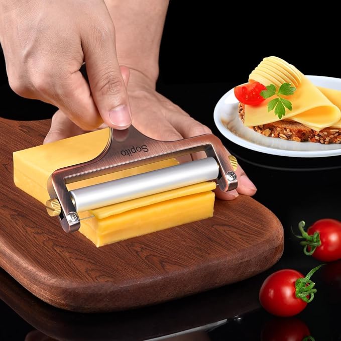 Sopito Cheese Slicer Stainless Steel With 3 Extra Wires Great for Cheddar, Gruyere, Raclette, Mozzarella Cheese Block, Adjustable Thickness, Copper