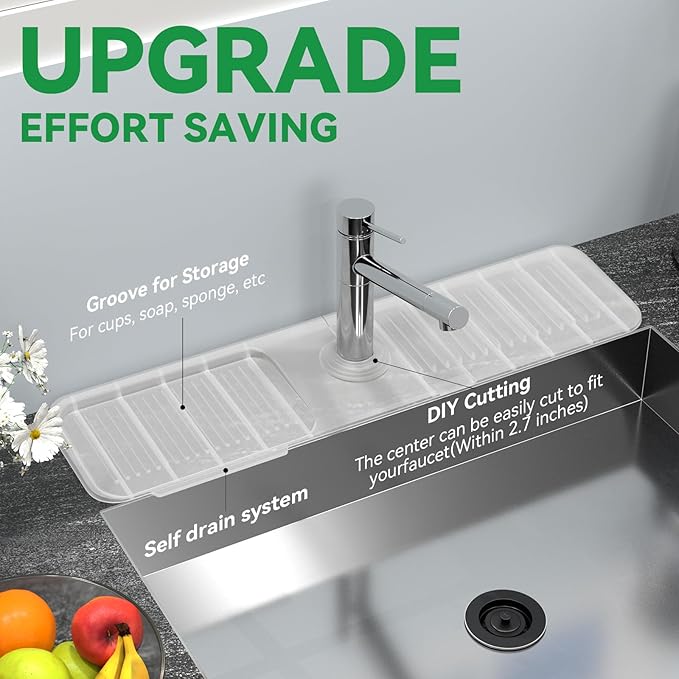 Kitchen Sink Splash Guard Behind Faucet 24 x 5.5 Inch, Toovem Faucet Handle Drip Catcher Tray, Longer Silicone Sink Faucet Mat, Dish Soap Sponge Holder for Bathroom, Farmhouse, Bar Rv