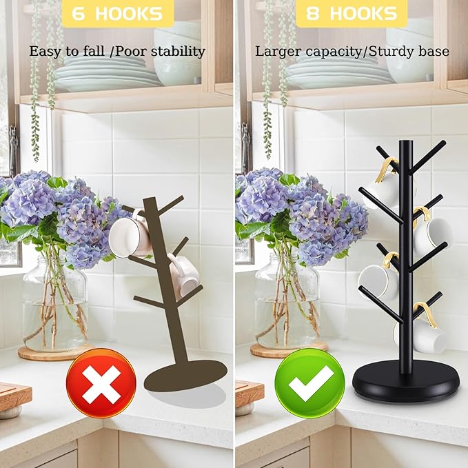 Mug Holder Tree,New Upgraded 360° Rotated 8 Hooks Coffee Cup Holder for Counter,Sustainable Wood Mug Rack Standing for Coffee Bar Accessories and Organizer Station(Black)