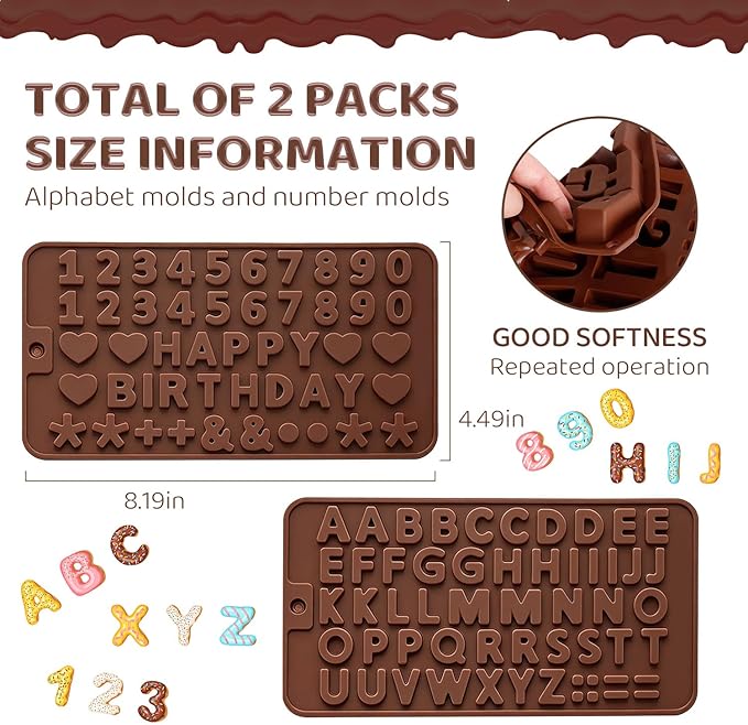 2PCS Silicone Molds for Chocolate,Number Letter Molds,Reusable Candy Molds with Happy Birthday Decorating Symbols,Mini Size Alphabet Decorating for Birthday Cake Lollipop Fondant Chocolate