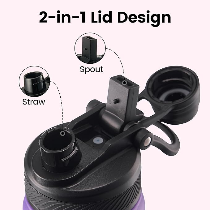 Fijinhom 24 oz Insulated Water Bottle, 2-in-1 Straw and Spout Lid Stainless Steel Thermos, Leak-Proof, Double Wall Vacuum Flask, Keep Cold 24H for Outdoor, Sports, Travel, School (Purple&Black)