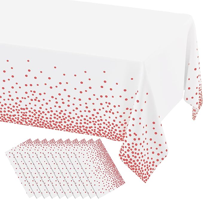 misaya 10 Packs Dot Disposable Table Cloth, 54 x 108 Inch Waterproof Plastic Tablecloth, Rectangle Pink Dots in White Table Covers for Mother's Day, Picnic, Birthday, Party