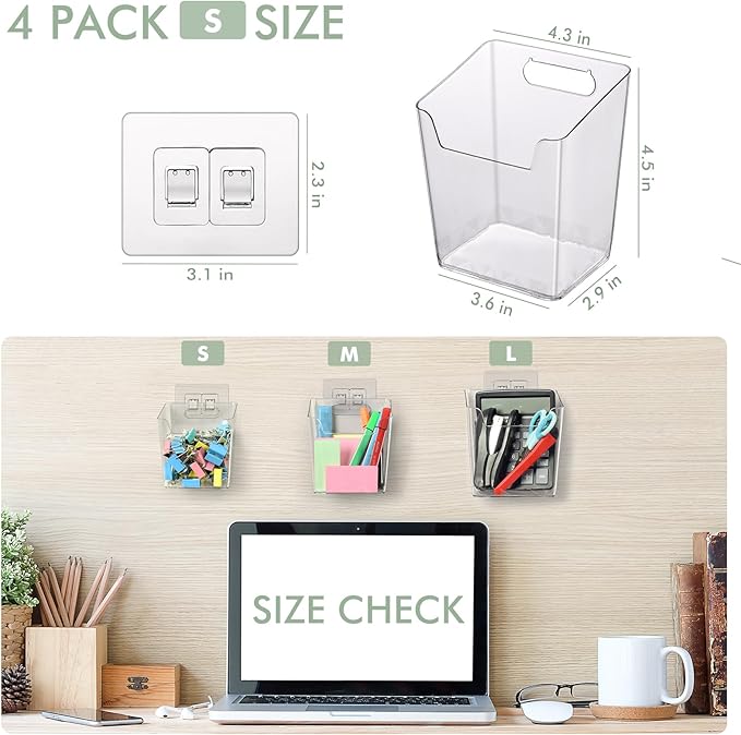 Clear Adhesive Wall Storage Bins, 4 Pack Cabinet Door Organizer Holders, Hanging Wall Mount Pockets, Plastic Cups for Shower Bathroom Makeup Office Craft Remote Kitchen Sink RV Organization (Small)