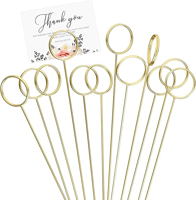 30 Pack Strong Grip Gold Floral Card Holder Picks, 13.4 Inch Premium Metal Flower Picks for Table Centerpieces, Picture Holders for Tables, Photo Card Holder Sticks for Flower Arrangements