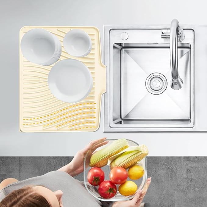 Silicone Dish Drying Mat for Kitchen Counter, Dish Drying Pad, Non-Slip Drain Pad with Built-in Drain, Heat Resistant Stone Drying Mat(Yellowish 16" x 12")